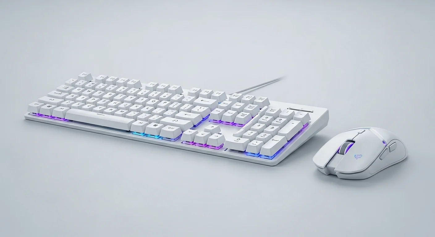 Un combo de teclado y mouse gamer inalámbricos de color blanco, mostrando la sinergia de diseño para un setup de computadoras limpio y moderno.