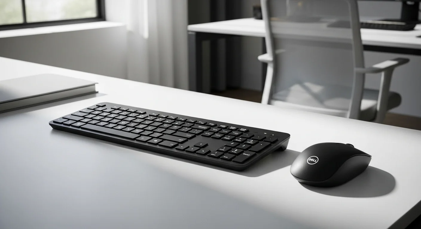 Un combo de teclado y mouse inalámbrico Dell en un entorno de oficina, destacando la productividad y un espacio de trabajo sin cables para computadoras modernas.