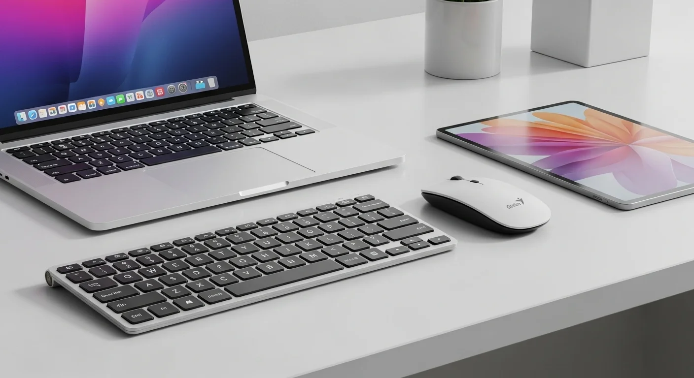 Un combo de teclado y mouse inalambrico genius en un puesto de trabajo limpio, mostrando la libertad de cables y su integración con laptops y otras tecnologías