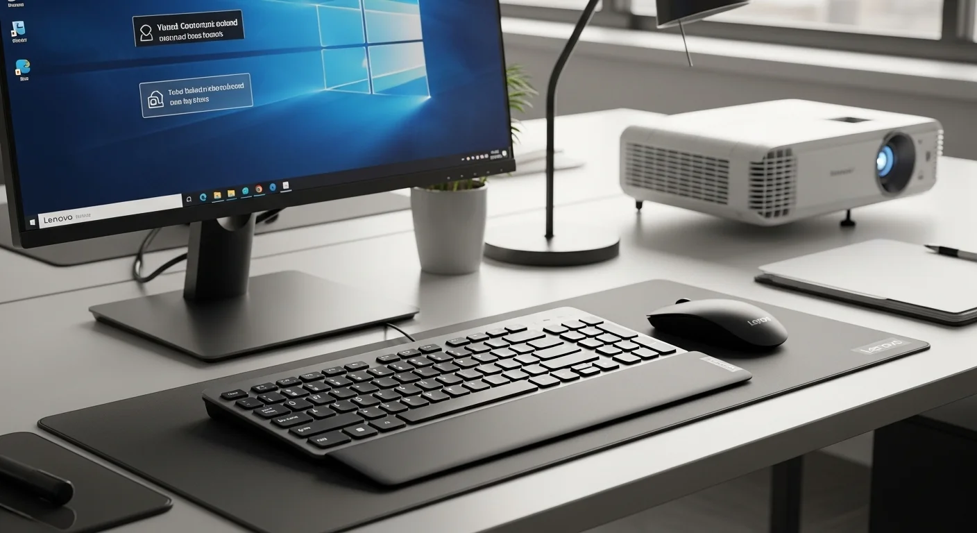 Un elegante combo de teclado y mouse inalambrico Lenovo en un entorno de oficina profesional, mostrando la sinergia con las computadoras de la marca y otros equipos de oficina como un monitor y un proyector.