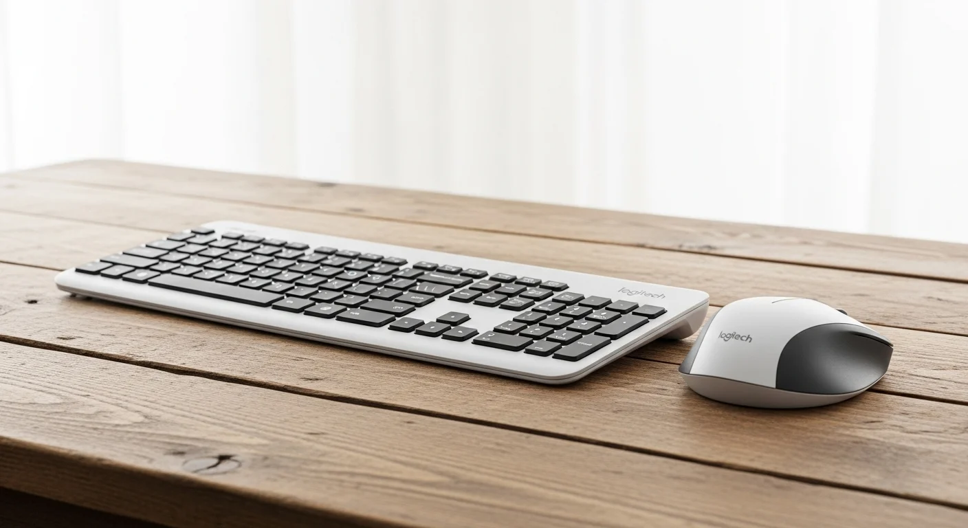 Un combo de teclado y mouse inalambrico logitech sobre una superficie de madera, mostrando la versatilidad de los periféricos en diferentes entornos.