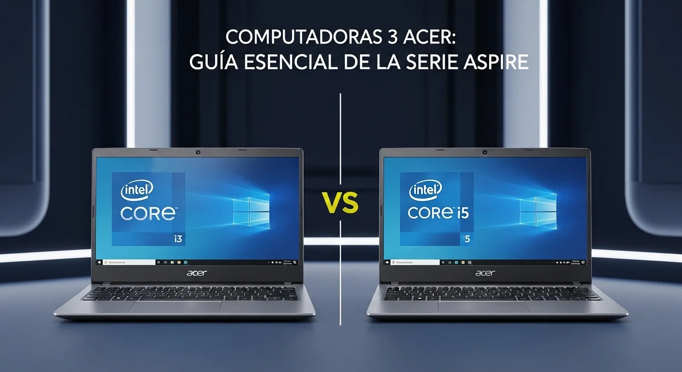 Imagen conceptual comparando dos computadoras Acer Aspire 3, una con el logo de Intel Core i3 y la otra con el de i5, simbolizando la elección de rendimiento.