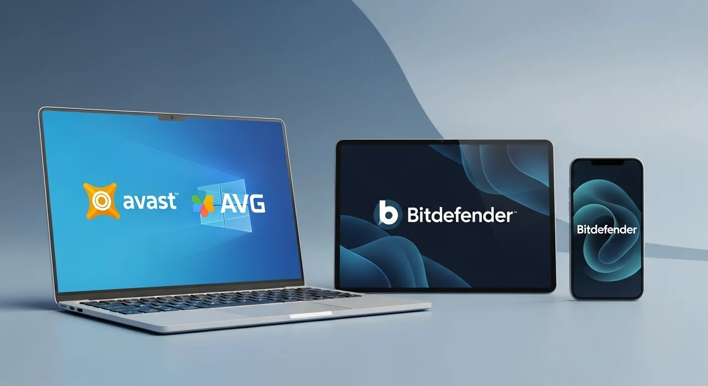 Una imagen conceptual mostrando los logos de Avast, AVG y Bitdefender en las pantallas de una computadora, una tablet y un smartphone, simbolizando la security multiplataforma.