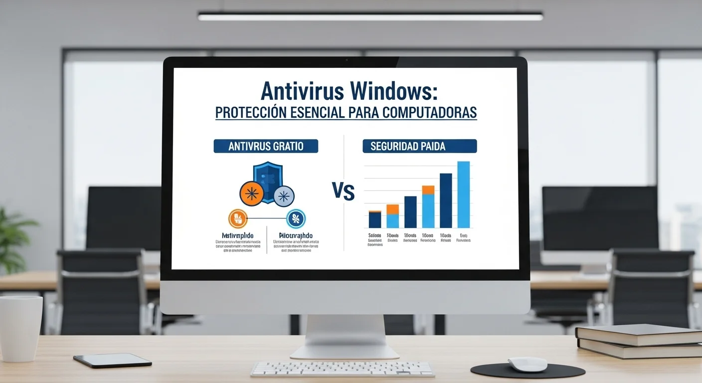 Una infografía comparando las características de un antivirus gratuito frente a una suite de seguridad de pago en una computadora de oficina.
