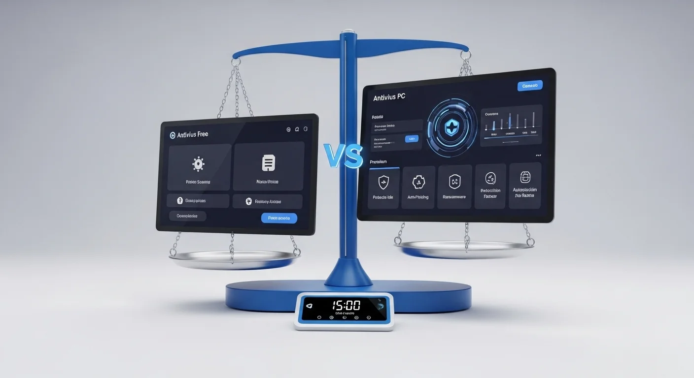 Una balanza comparando un antivirus para pc gratis con una versión de pago, mostrando las diferentes características de seguridad.
