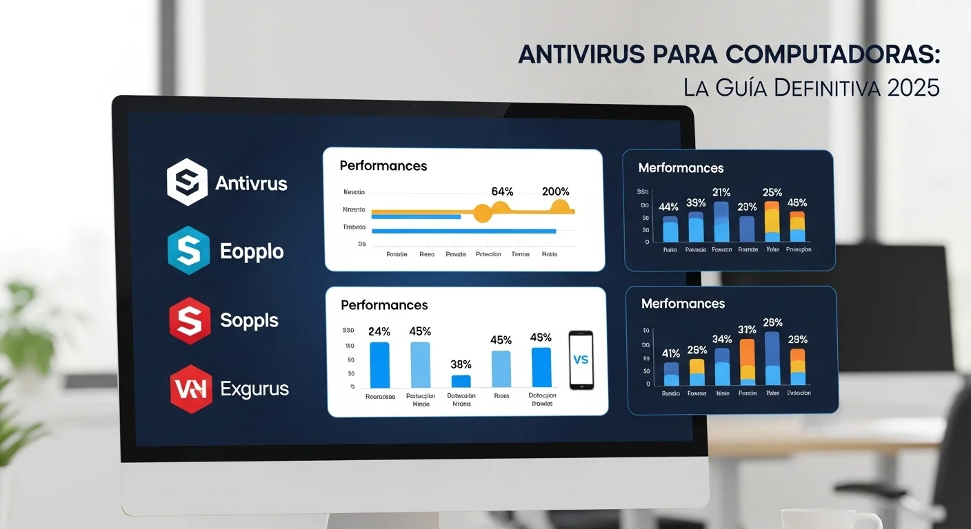 Una pantalla mostrando los logos de diferentes antivirus con gráficos comparativos de rendimiento y protección en computadoras y dispositivos móviles.