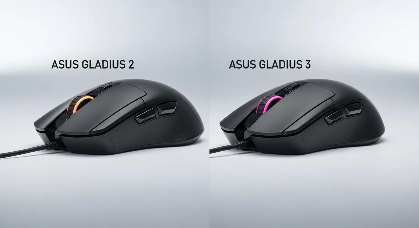 Comparativa lado a lado de los ratones Asus Gladius 2 y Asus Gladius 3 mostrando la evolución del diseño