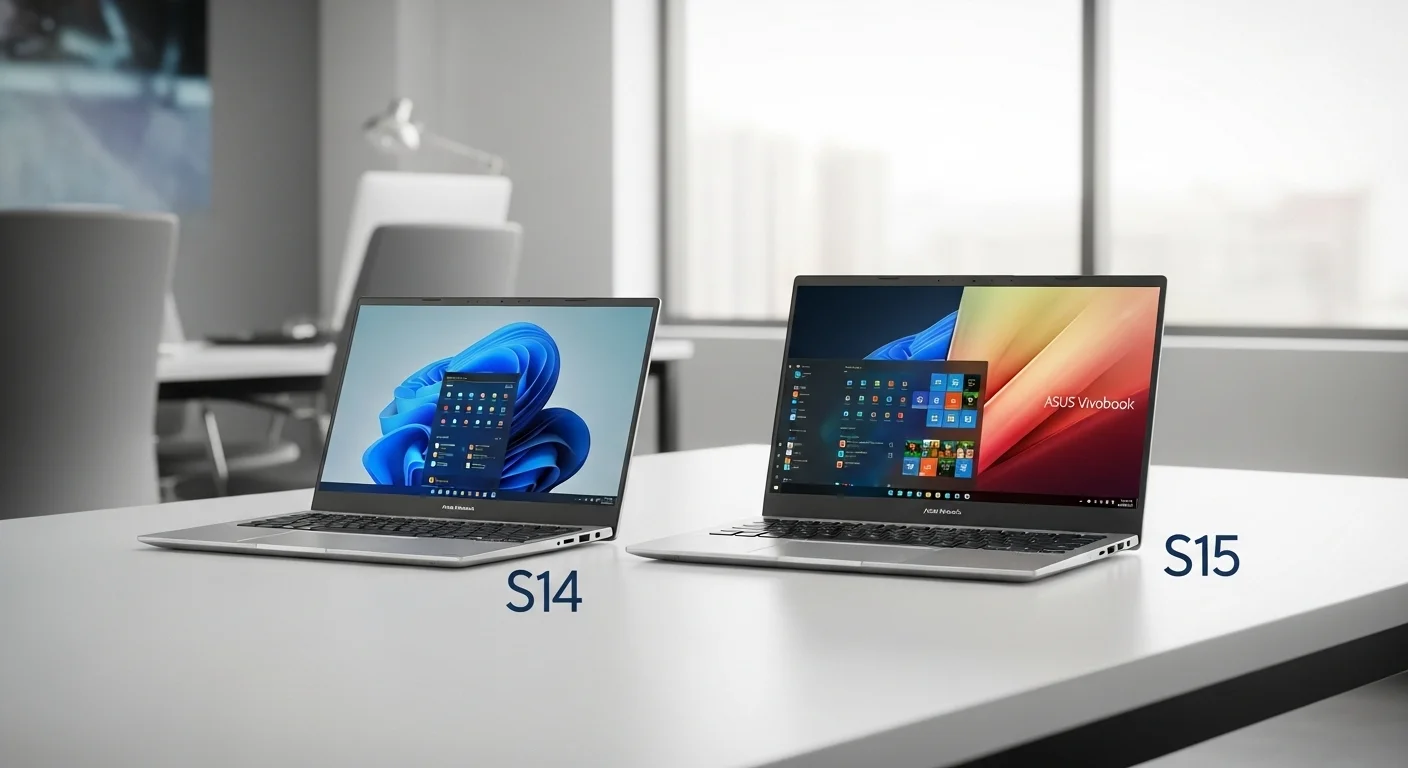 Dos computadoras portátiles Asus, una S14 y una S15, una al lado de la otra para comparar sus tamaños y diseños, en un entorno de oficina moderno.