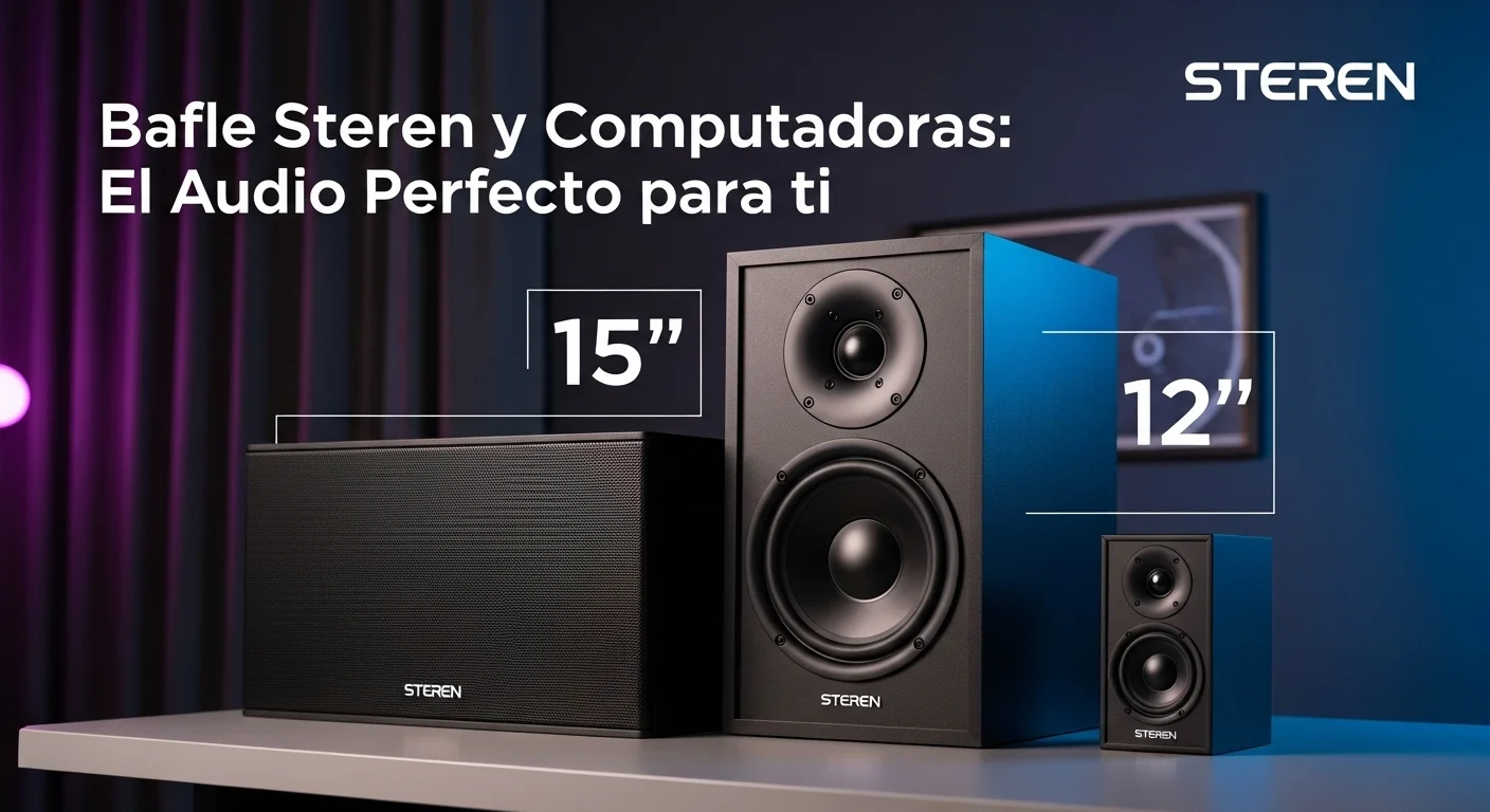 Comparativa visual entre un bafle Steren de 15 pulgadas y uno de 12 pulgadas, destacando sus diferencias de tamaño para distintas aplicaciones con computadoras.