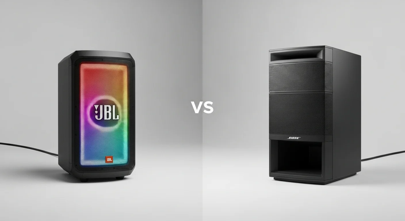 Comparativa visual entre una bocina grande jbl con luces y una bocina bose grande de diseño sobrio