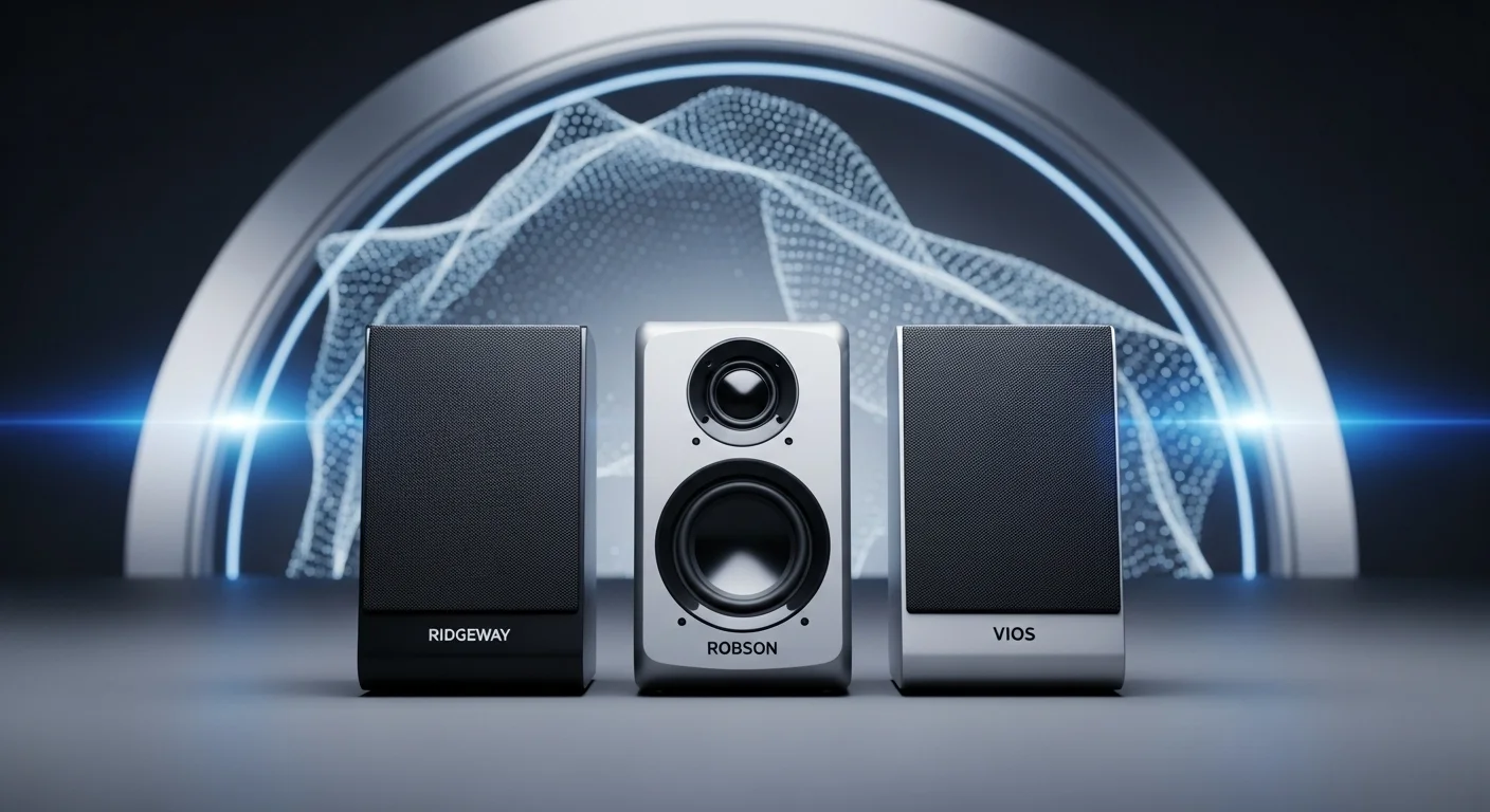 Tres bocinas de 8 pulgadas una al lado de la otra, representando los modelos Ridgeway, Robson y Vios, sobre un fondo tecnológico.