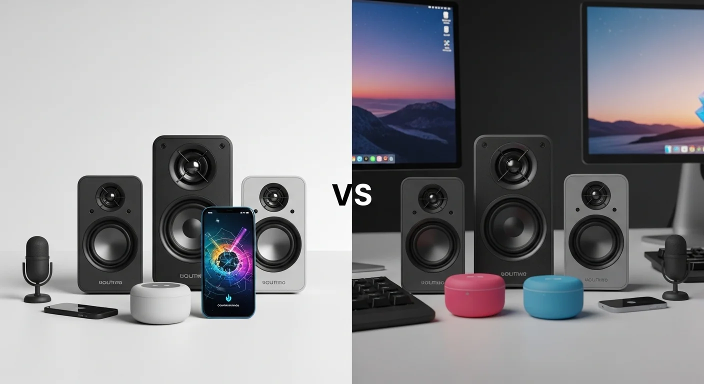 Comparativa lado a lado de diferentes modelos de bocinas bluetooth, destacando sus características y su conexión con computadoras y tecnología de oficina.