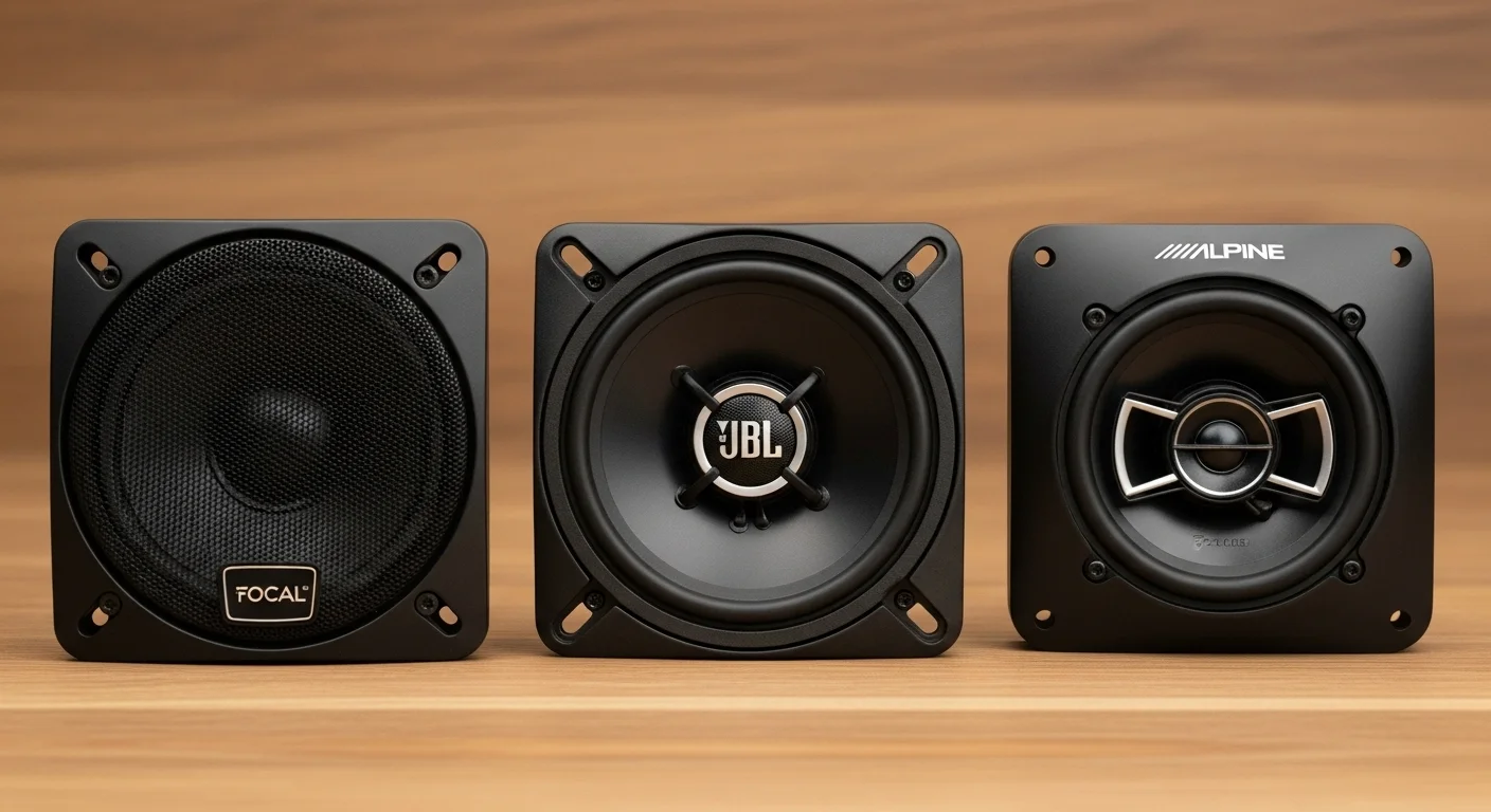 Comparativa visual de tres bocinas 6.5 pulgadas de las marcas Focal, JBL y Alpine sobre una superficie de madera técnica, mostrando sus diferentes conos y tweeters.