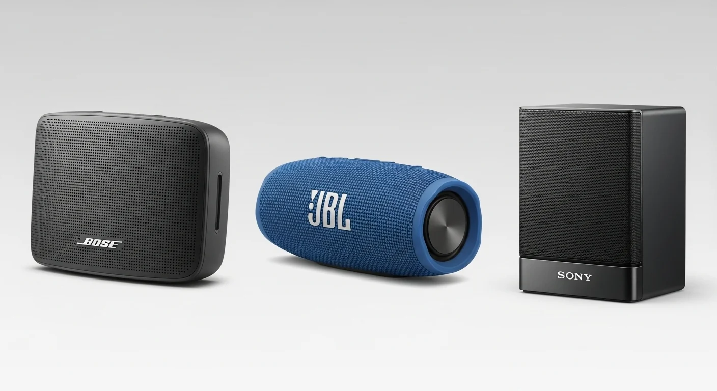 Comparativa visual de una bocina inalámbrica Bose, una JBL y una Sony, mostrando sus diferentes diseños y tamaños.