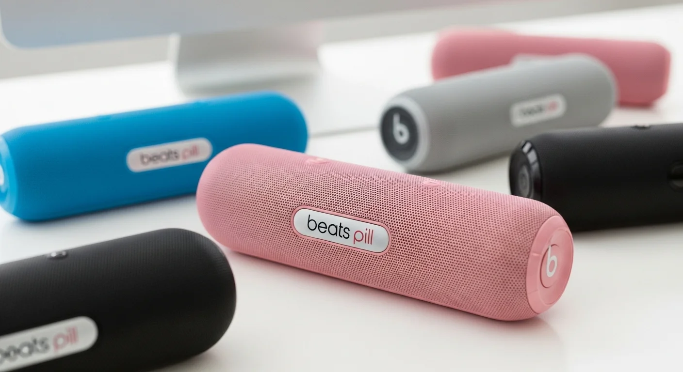 Varias bocinas Beats Pill de diferentes colores sobre una superficie blanca, ilustrando la gama de productos de audio y su compatibilidad con computadoras.