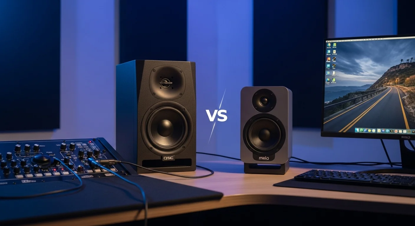 Comparativa de una bocina profesional QSC K12 junto a una bocina Melo en un estudio de producción conectado a una computadora.