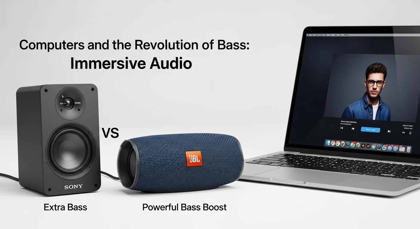 Comparativa lado a lado de una bocina Sony Extra Bass y una bocina JBL con Powerful Bass Boost junto a una laptop.