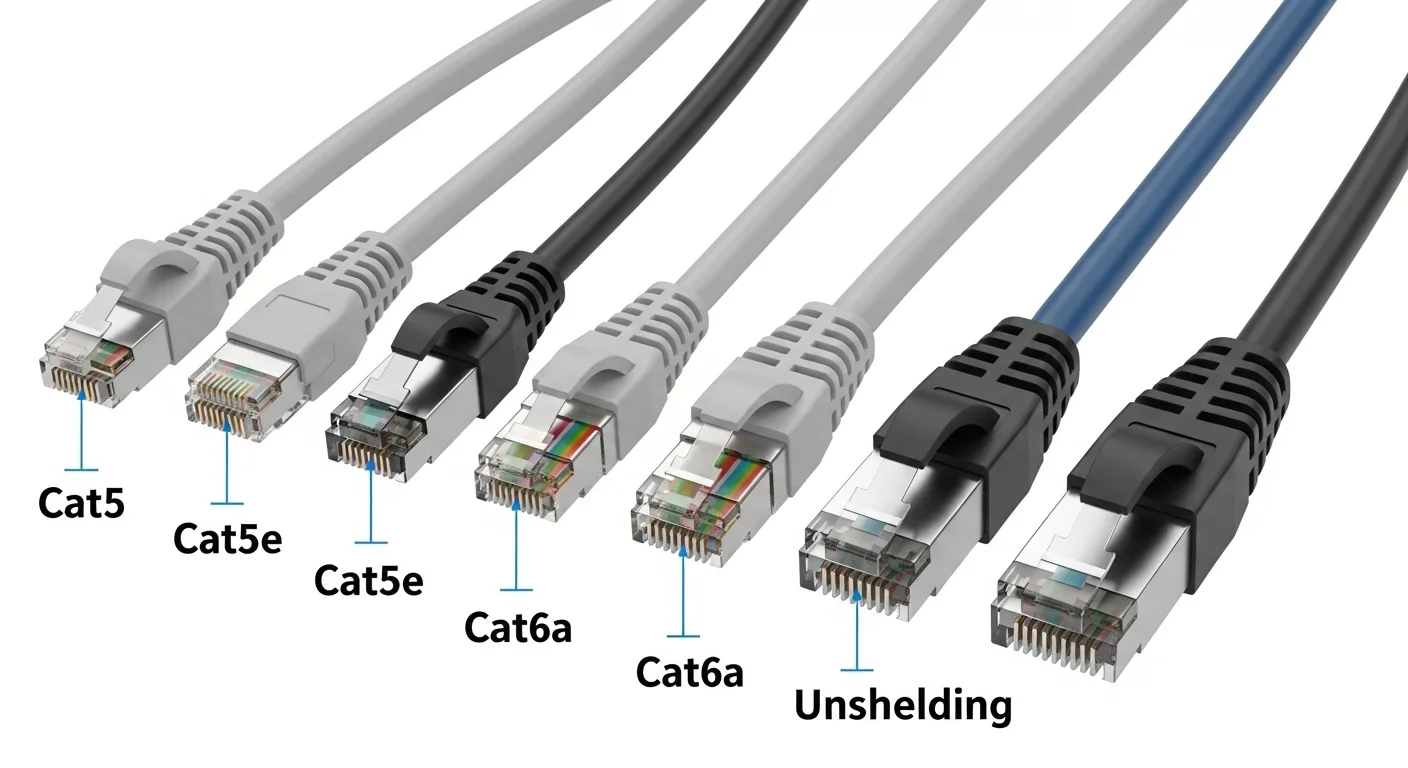 Primer plano de los conectores RJ45 de varios cables Ethernet Cat, mostrando las diferencias en construcción y blindaje, crucial para computadoras y tecnología de red.