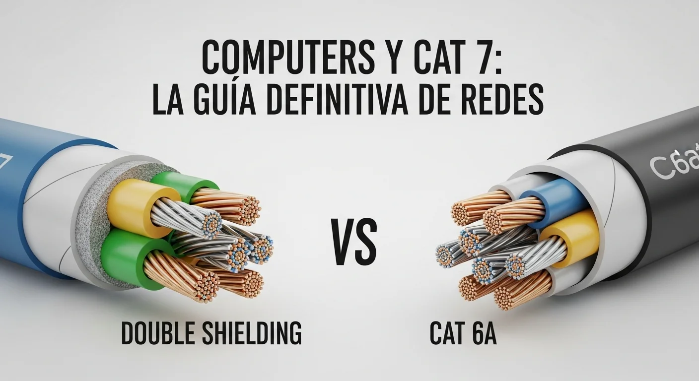 Imagen comparativa que muestra la sección transversal de un cable cat 7 con su doble blindaje junto a un cable cat 6a, destacando las diferencias constructivas.
