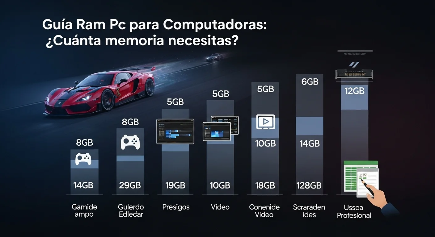 Una infografía comparando diferentes cantidades de memoria Ram Pc, desde 8GB hasta 128GB, con iconos que representan sus usos ideales como gaming, edición de video y trabajo profesional.
