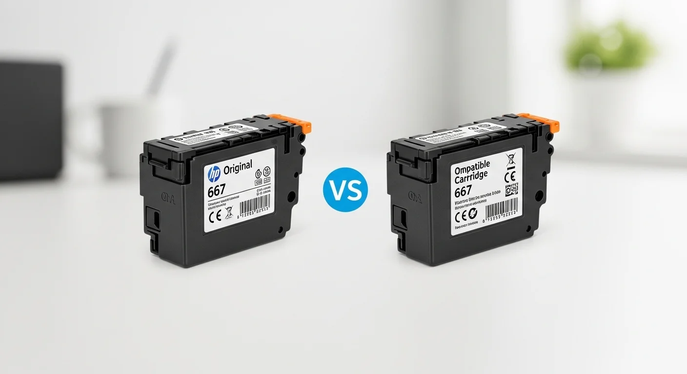 Comparativa visual entre un cartucho original HP 667 y uno compatible, mostrando las opciones para el consumidor.