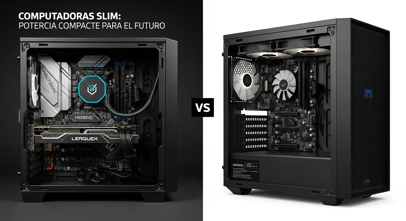 Comparativa visual de los componentes internos de un PC Slim, como una tarjeta gráfica de bajo perfil, frente a los componentes de una torre ATX estándar.