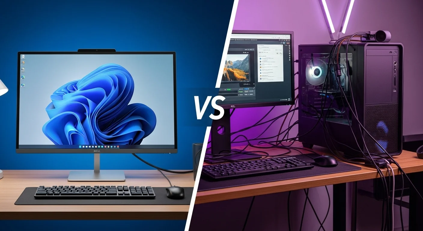 Una comparativa lado a lado mostrando un espacio de trabajo limpio con una computadora de escritorio all in one a la izquierda, y un escritorio con una torre y múltiples cables a la derecha.