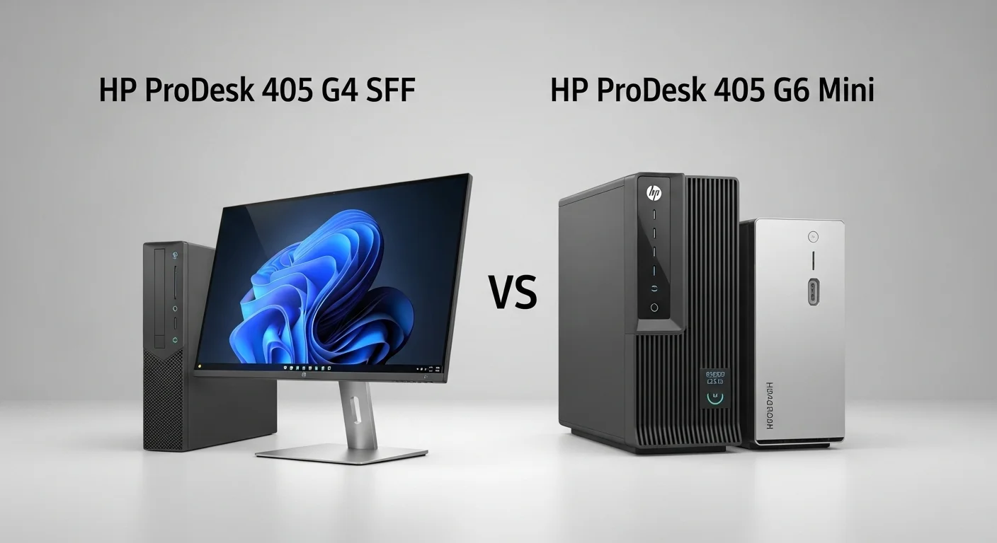 Comparativa de tamaño entre un HP ProDesk 405 G4 SFF y un HP ProDesk 405 G6 Mini, mostrando la evolución del diseño.