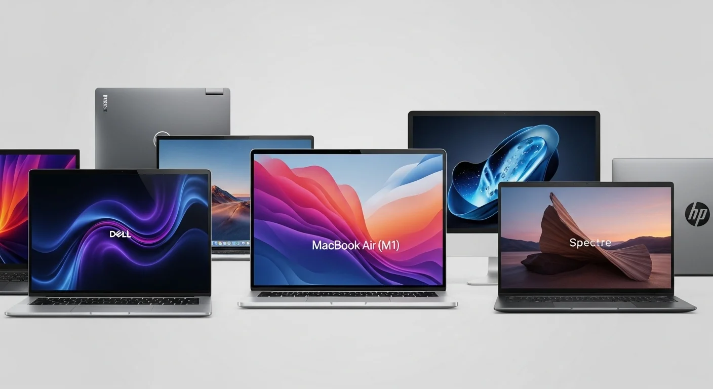 Varias computadoras portátiles de diferentes marcas, con la Macbook Air 2020 en el centro, destacando su diseño.