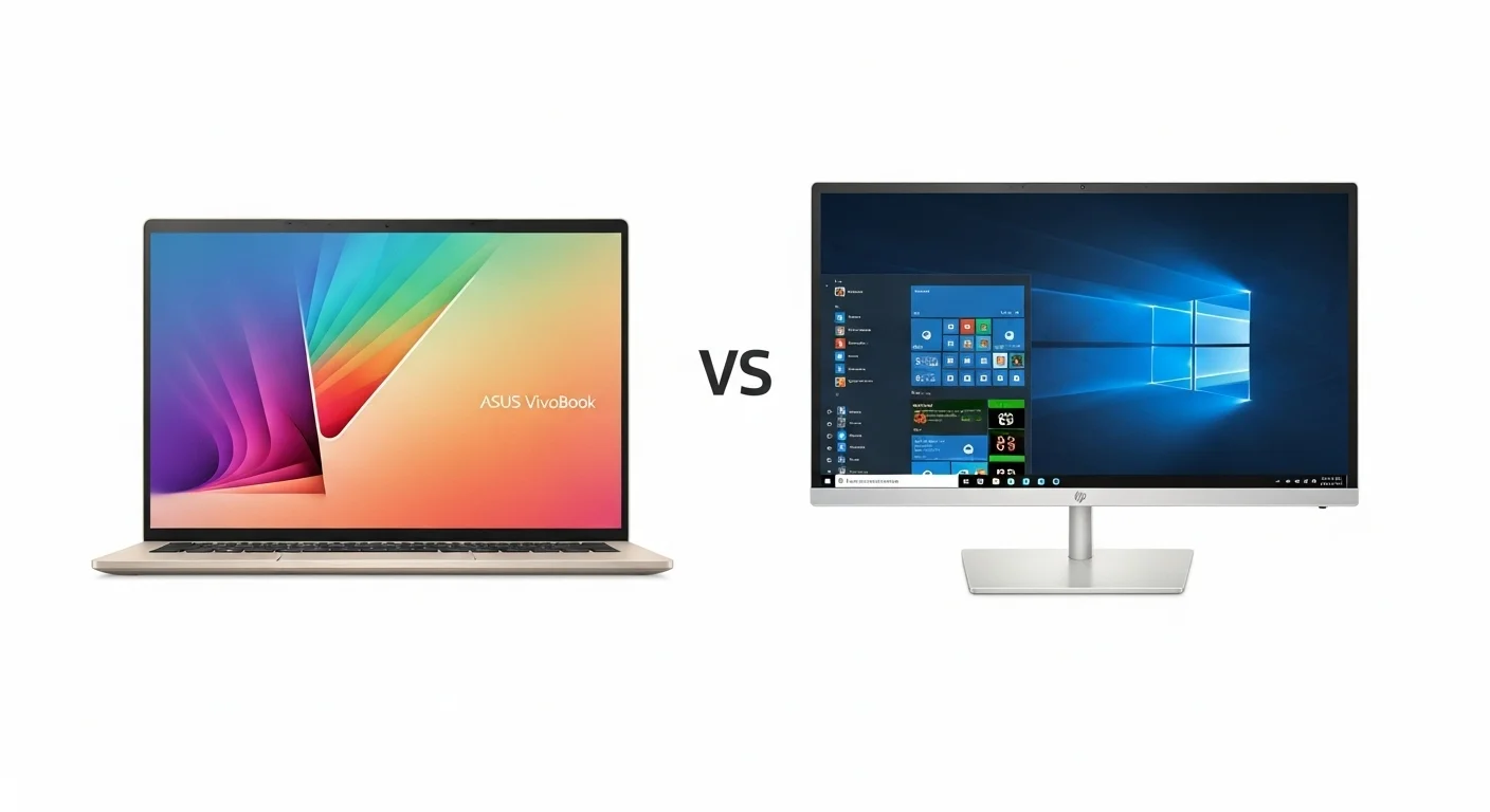 Imagen comparativa mostrando lado a lado el diseño colorido del Asus VivoBook S14 S433 y la elegancia profesional del HP EliteDisplay S14.