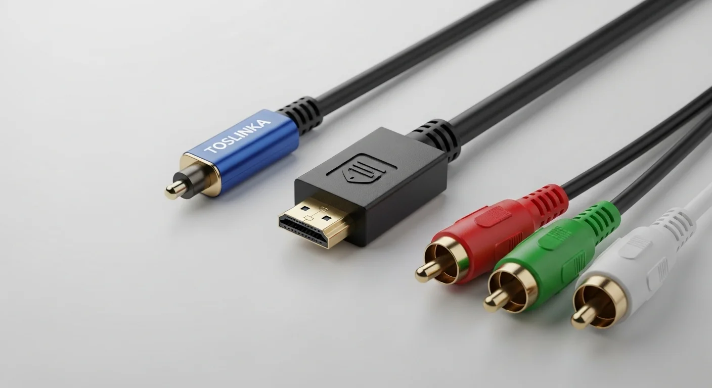 Comparativa visual de conectores de audio donde se muestra un cable óptico TOSLINK, un cable HDMI y cables RCA analógicos, ilustrando las diferentes opciones de conexión para equipos de sonido y computadoras.