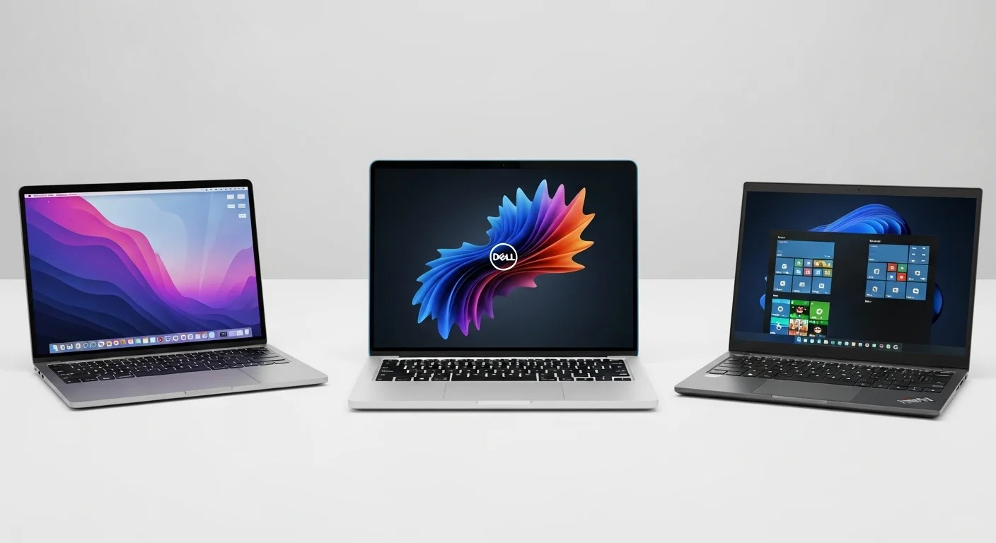 Comparativa lado a lado de una laptop Apple MacBook, una Dell XPS y una Lenovo ThinkPad mostrando sus diseños y pantallas.