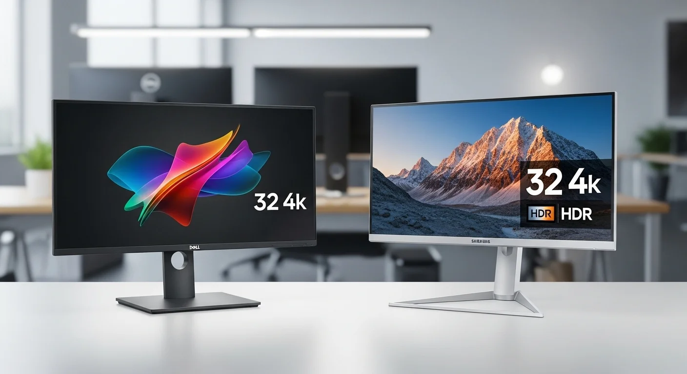 Comparativa lado a lado de un monitor Dell 32 4k y un Samsung 32 4k, destacando diferencias de diseño y calidad de imagen.