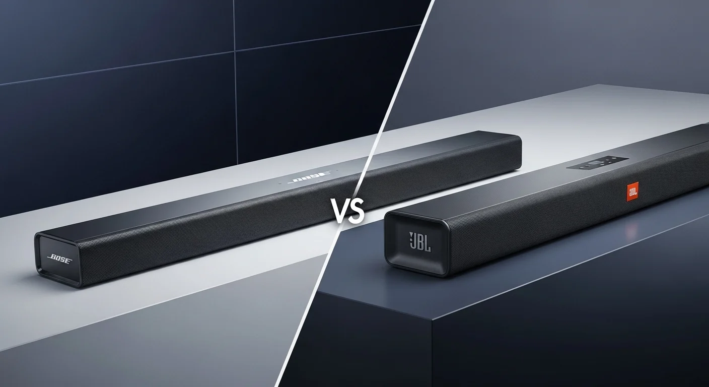 Imagen comparativa mostrando el diseño elegante y minimalista de una bocina bose barra junto al diseño robusto de una bocina jbl barra.