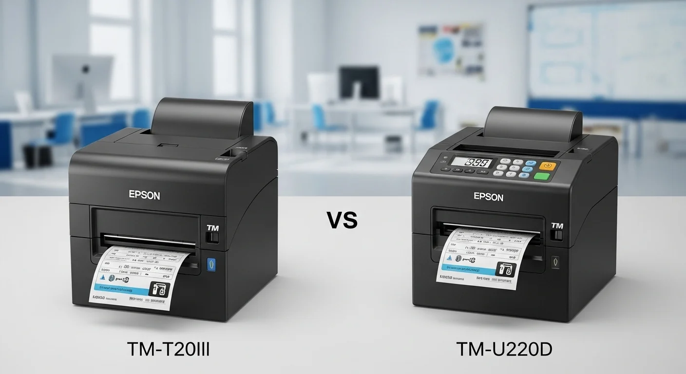 Una imagen comparativa mostrando la impresora térmica Epson TM-T20III junto a la impresora de impacto Epson TM-U220D, destacando sus diferencias para distintas aplicaciones informáticas.