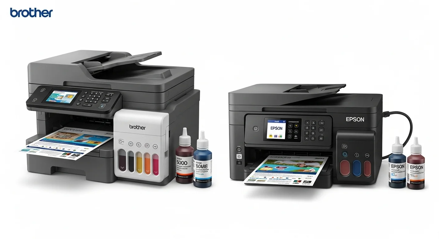 Comparativa de una multifuncional Brother tinta continua y una impresora Epson multifuncional tinta continua con sus botellas de tinta