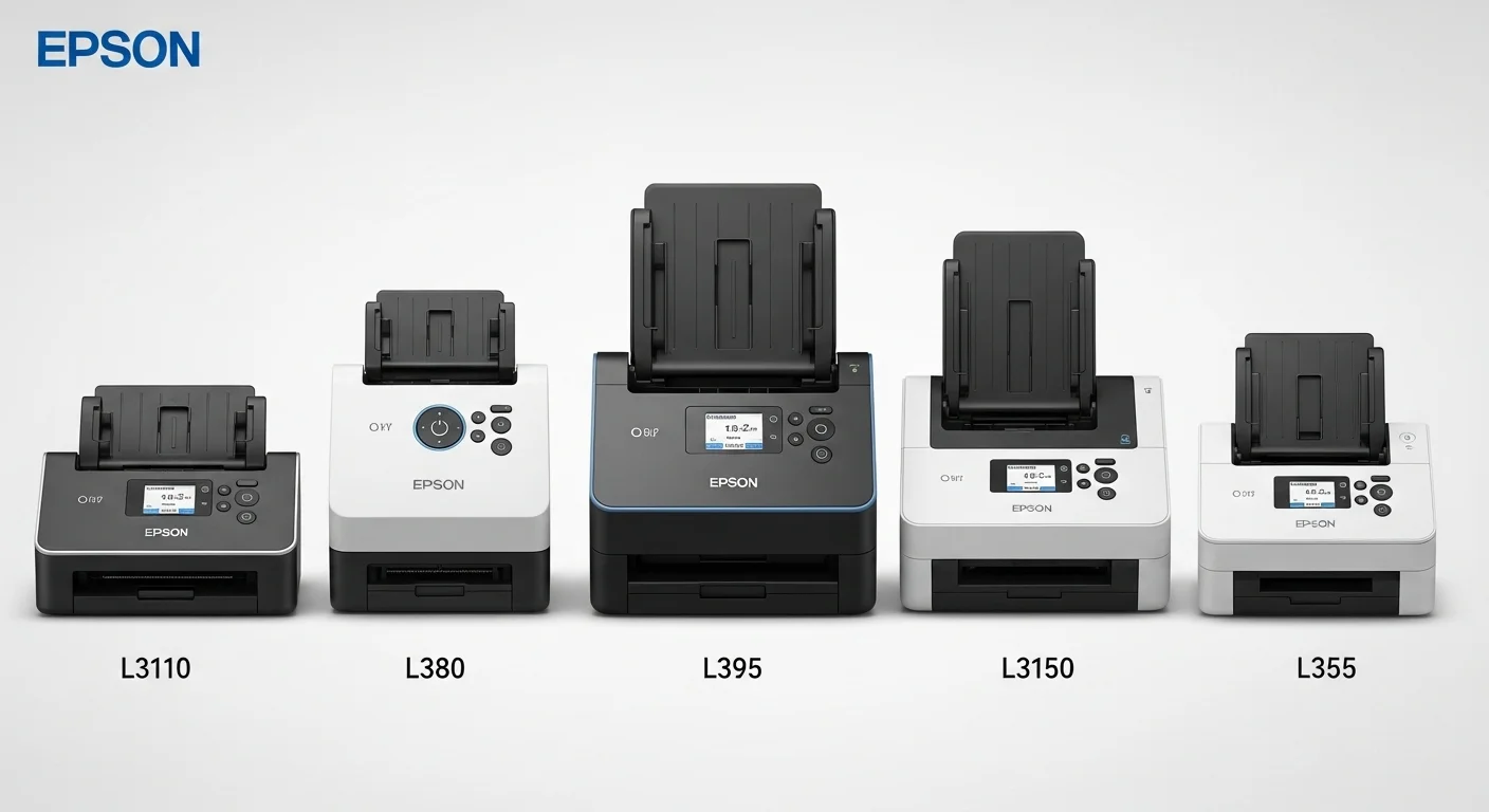 Imagen comparativa mostrando los modelos de escaner Epson L3110, L380, L395, L3150 y L355 en fila, destacando sus diferencias de diseño.