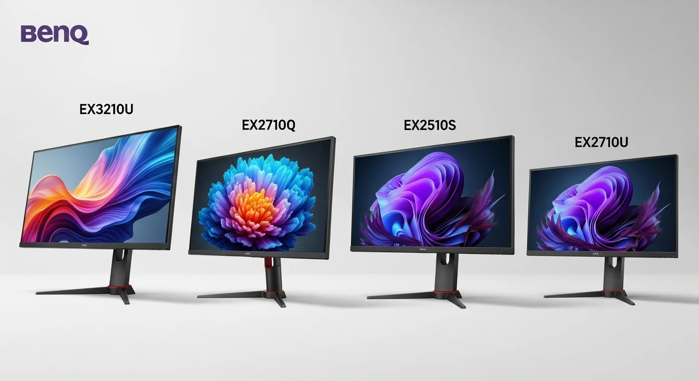 Una imagen comparativa que muestra los monitores Benq Mobiuz EX3210U, EX2710Q, EX2510S y EX2710U uno al lado del otro, destacando sus diferencias de tamaño y diseño.