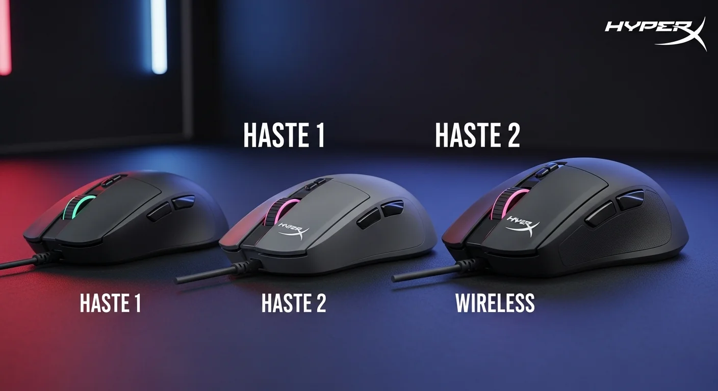 Comparativa de toda la familia de mouses HyperX Haste, incluyendo el Haste 1 y Haste 2, en versiones con cable e inalámbricas, para computadoras.