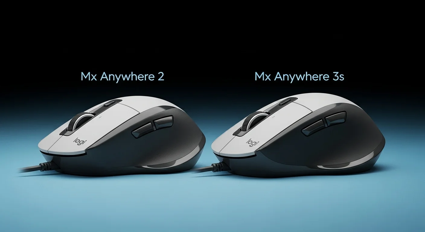 Una imagen mostrando la evolución del diseño de los ratones de la serie Logitech Mx Anywhere, desde el modelo 2 hasta el 3s.