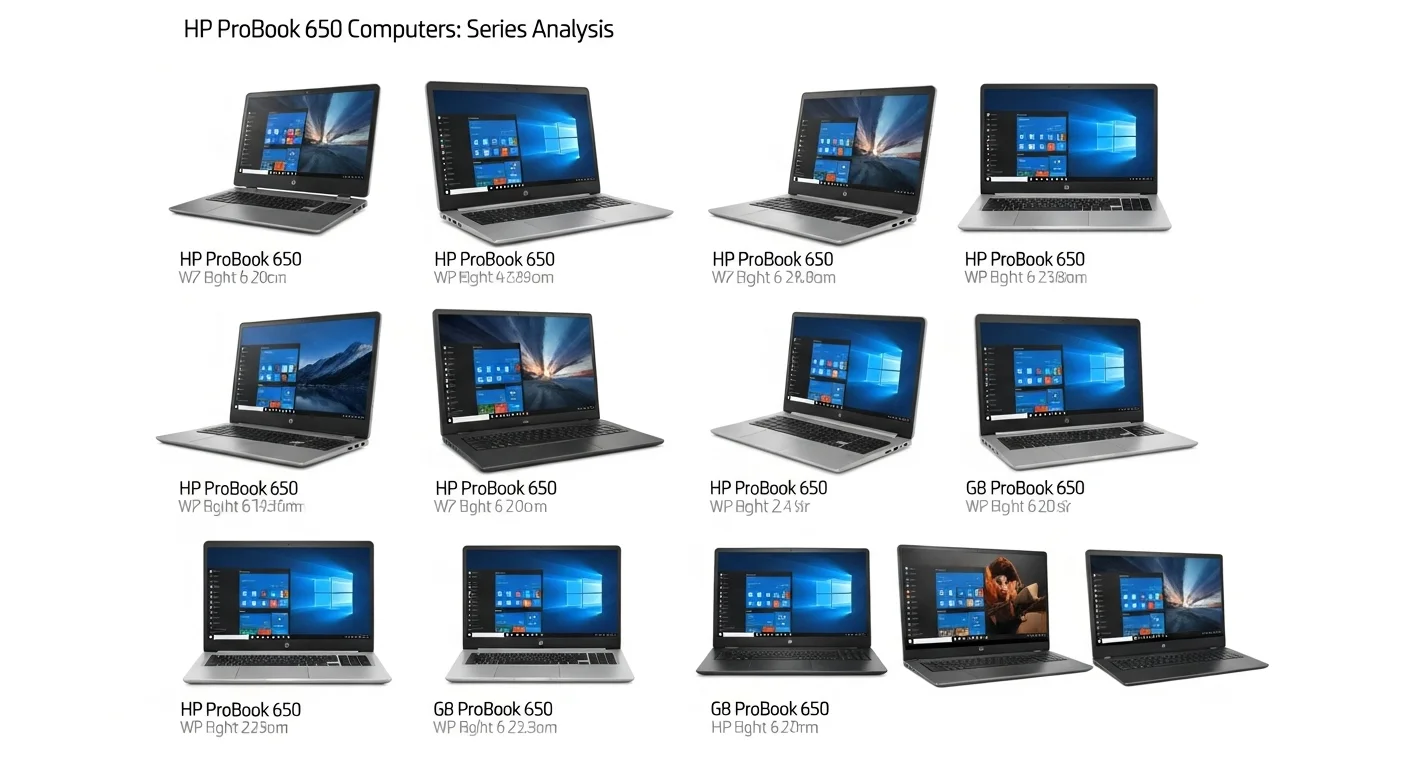 Collage de imágenes mostrando la evolución del diseño de las computadoras HP ProBook 650, desde el modelo G1 hasta el G8.