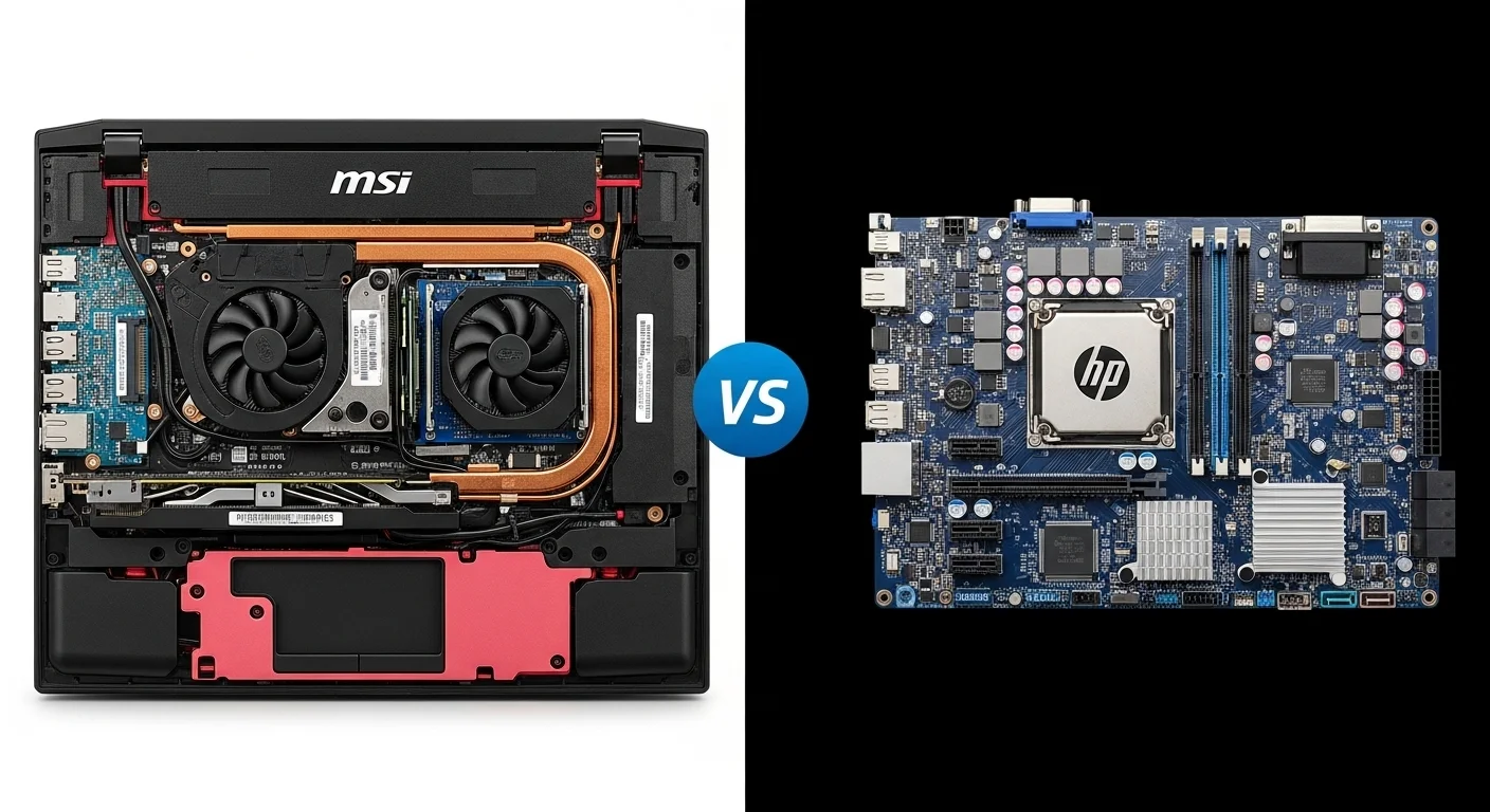 Imagen comparando el interior de una laptop gaming MSI con sus componentes visibles frente a la simplicidad de la placa base de un thin client HP.