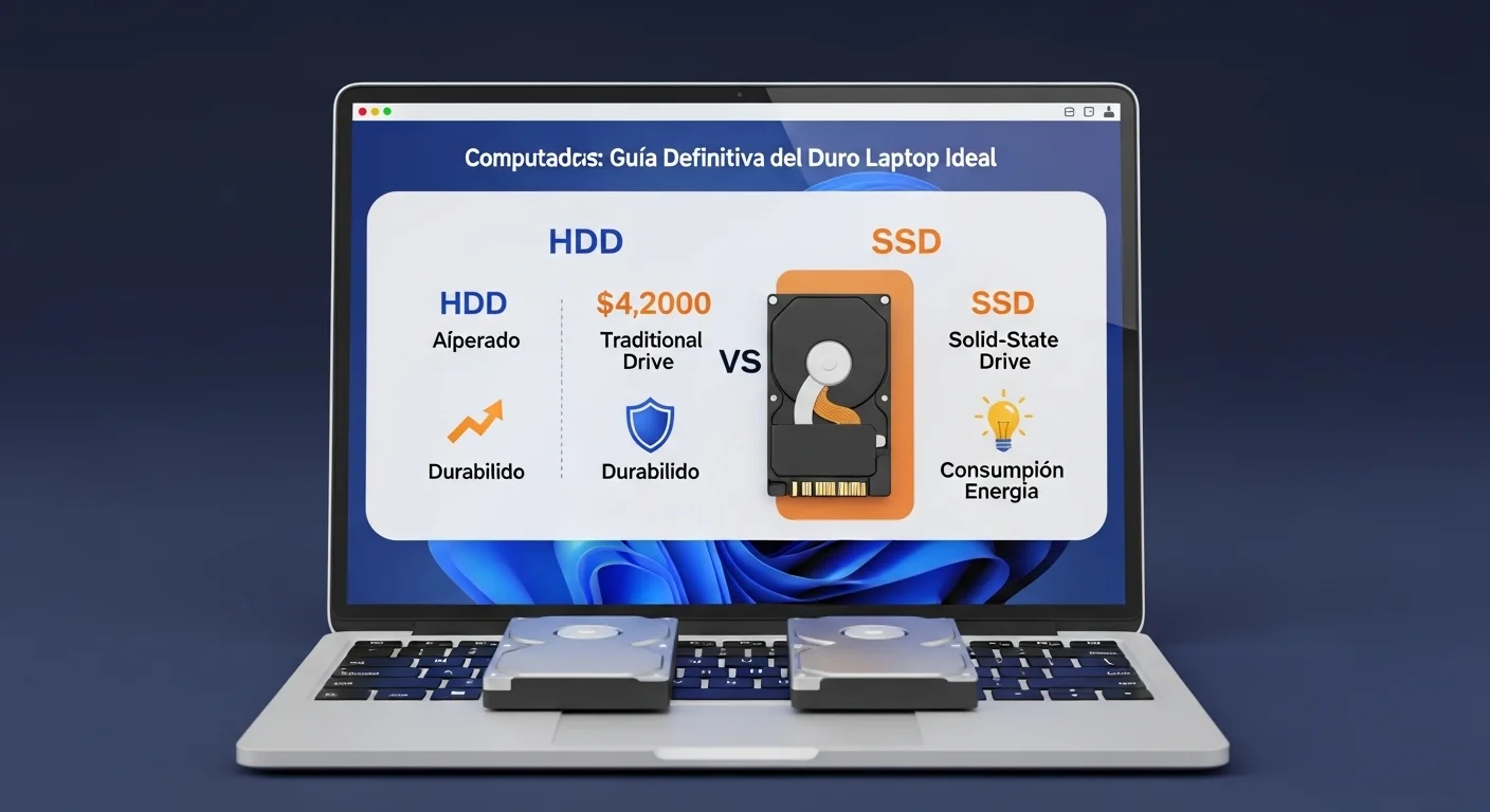 Una infografía comparando las características de un disco duro HDD tradicional y un disco duro solido para laptop (SSD), destacando velocidad, durabilidad y consumo de energía.
