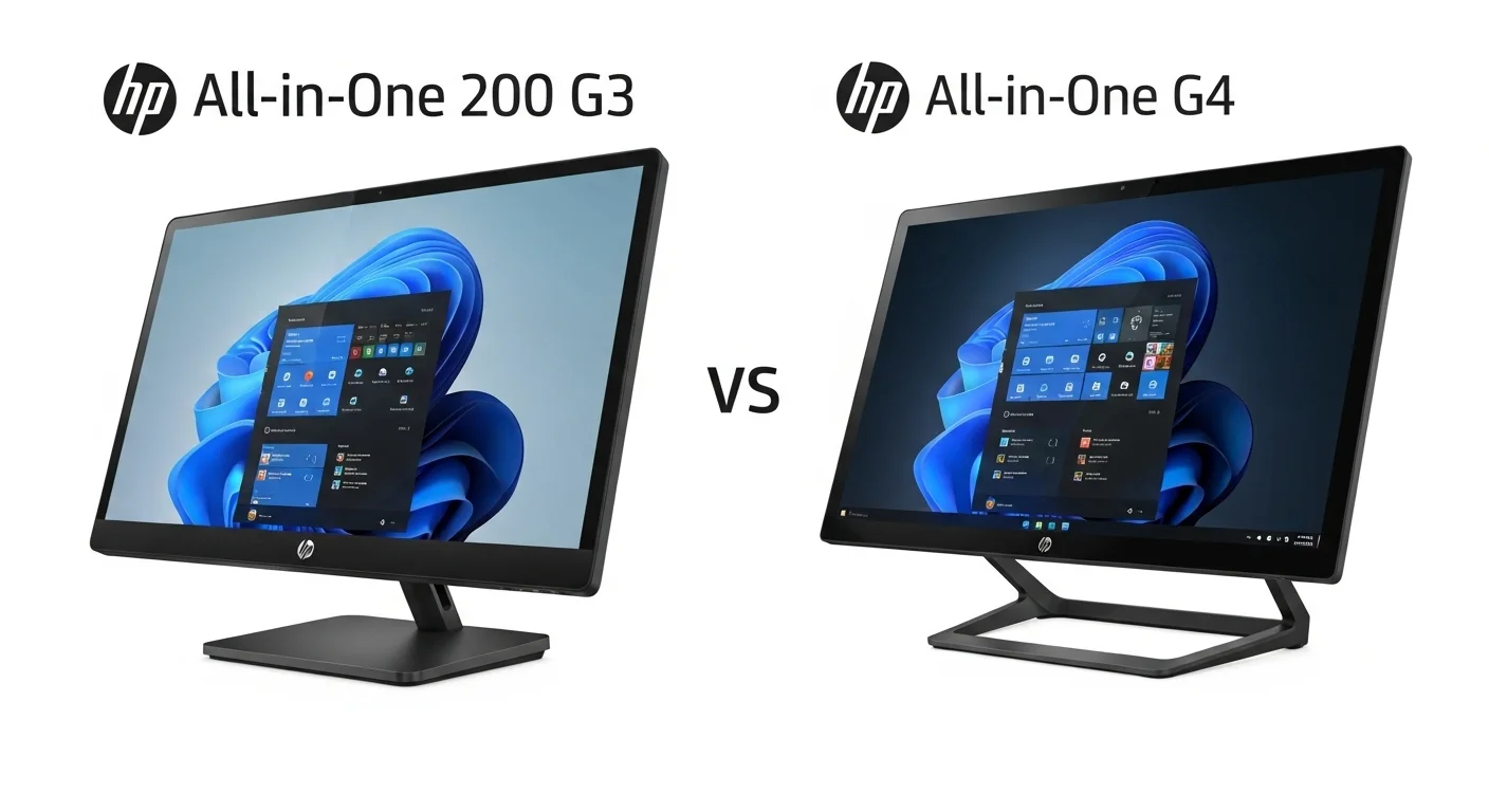 Comparativa lado a lado de los modelos de computadoras HP All in one 200 G3 y G4, destacando las diferencias de diseño.
