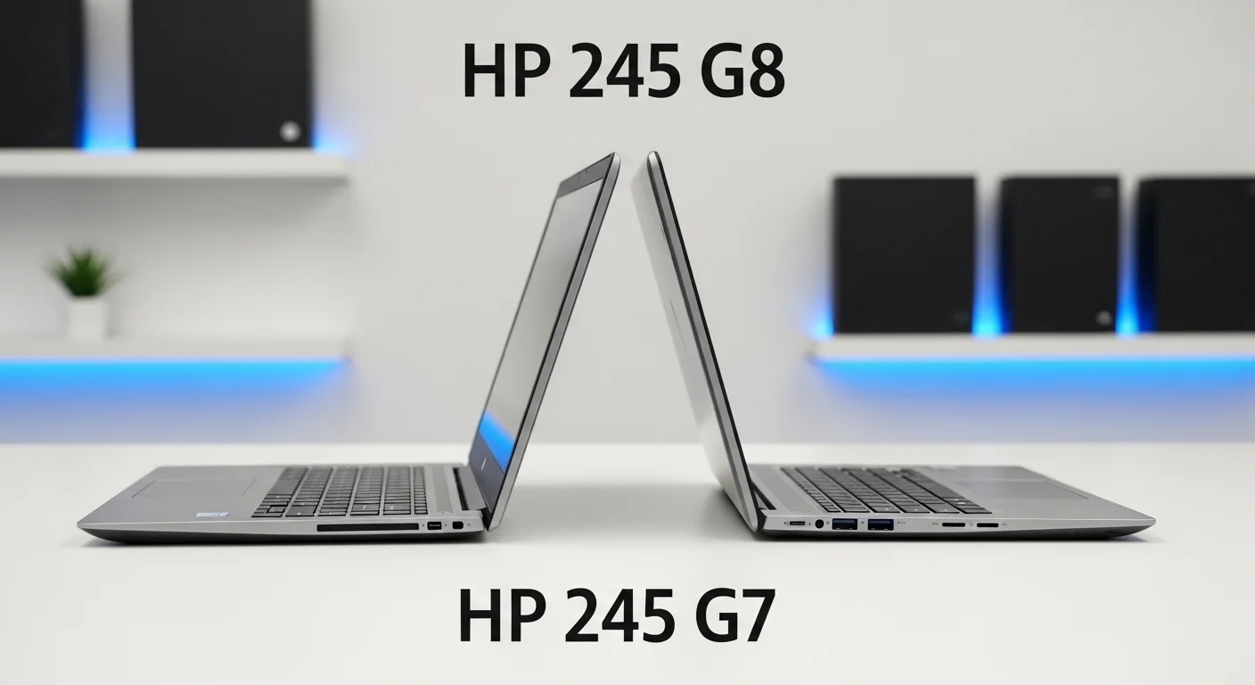 Una imagen comparativa que muestra la laptop HP 245 G8 junto a la HP 245 G7, destacando las diferencias en diseño, grosor y puertos. El fondo tecnológico sugiere una evaluación de sus características.