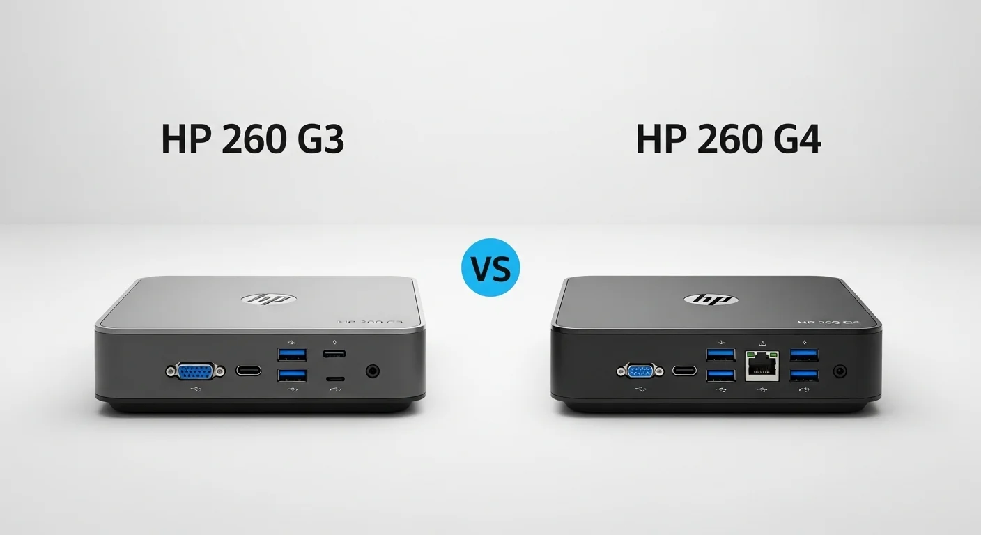 Comparativa visual entre el HP 260 G3 y el HP 260 G4, mostrando las diferencias en diseño y puertos.