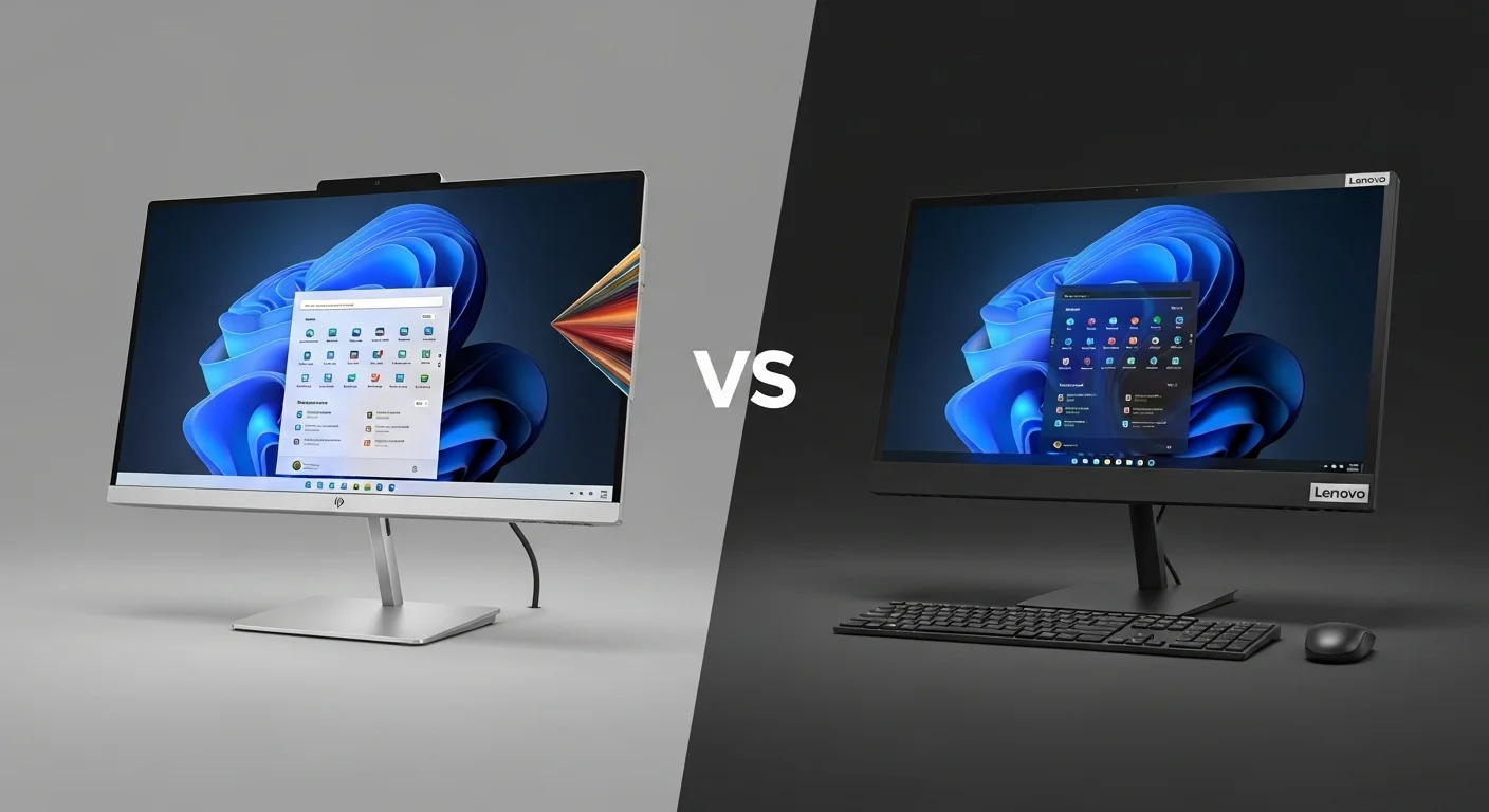 Comparativa lado a lado de una computadora HP All in One i5 y una Lenovo All in One i5, destacando sus diferencias de diseño y características.