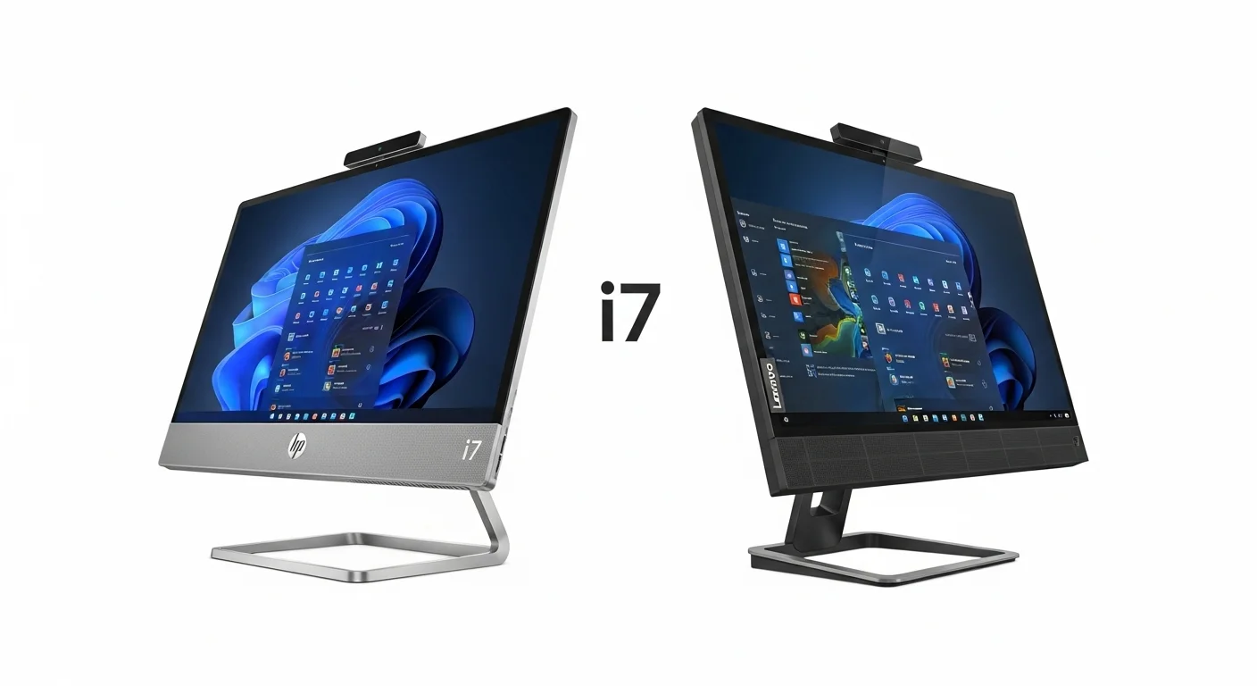 Vista lateral de una computadora HP all in one i7 y una Lenovo all in one i7 mostrando sus diferencias de diseño.