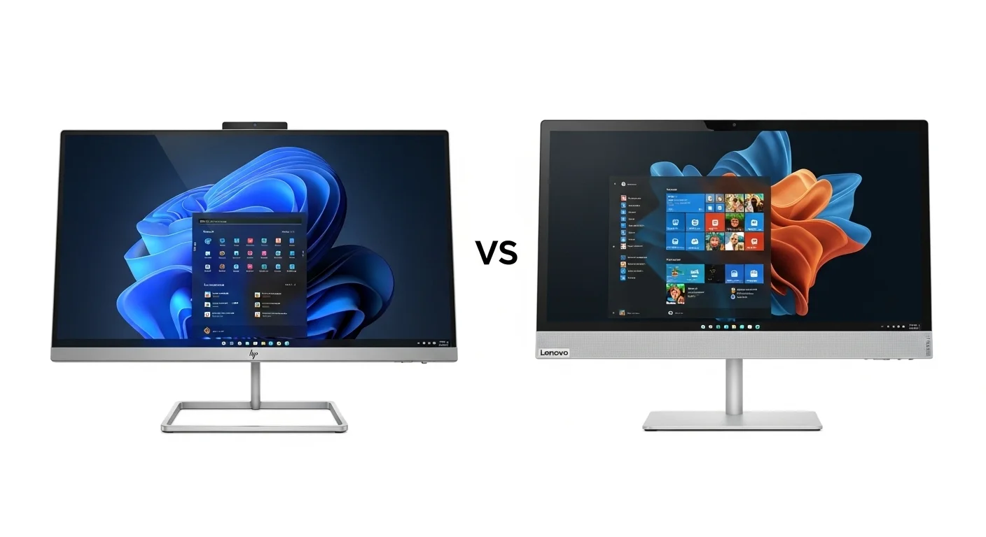 Dos computadoras All in One, una HP y una Lenovo, lado a lado, destacando las diferencias en diseño y pantalla.