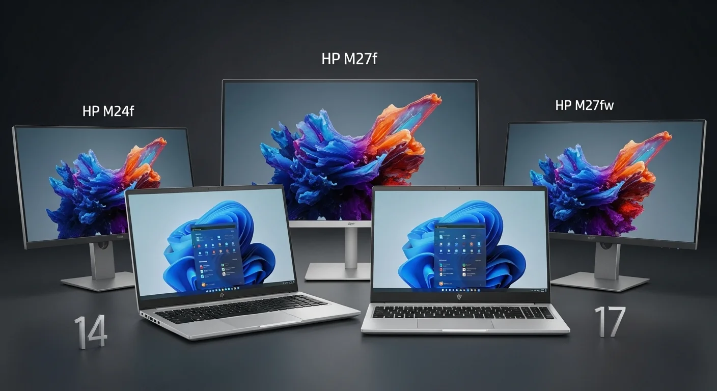 Una imagen comparativa que muestra lado a lado una laptop hp 14 y una hp 17, con los monitores hp m24f, hp m27f y hp m27fw en el fondo.